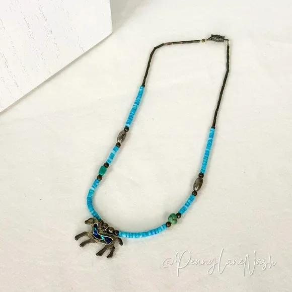 Vintage Turquoise Beads w Silver Horse Pendant Necklace - Picture 4 of 5
